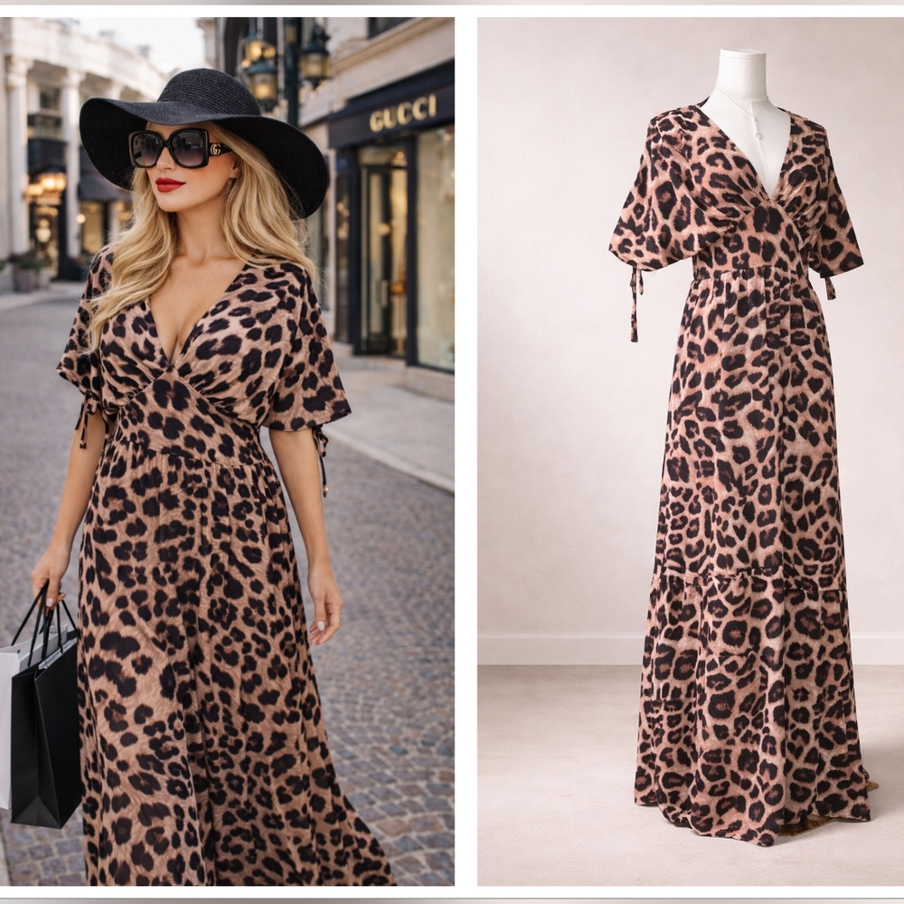 Cheetah Print Maxi Dress w/ Plunge Neckline